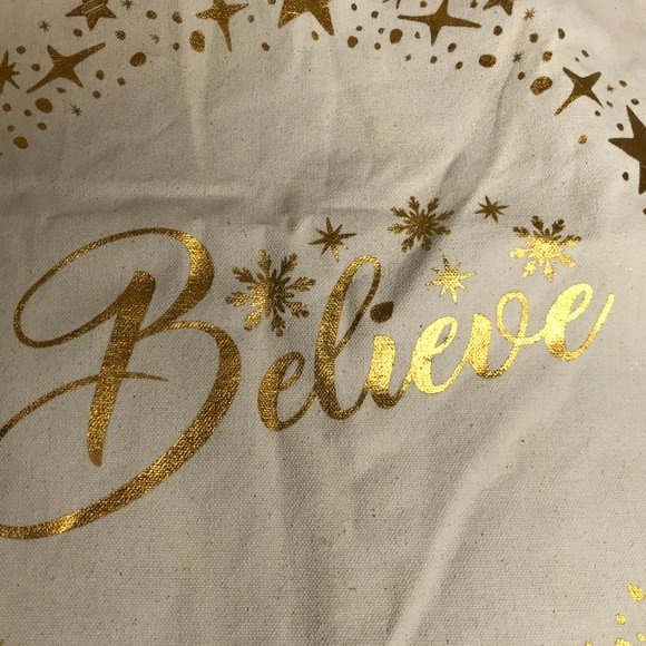 New JUMBO Canvas Tote Christmas Santa's Toy Bag "Believe" Gold Letters Cotton - Picture 2 of 9